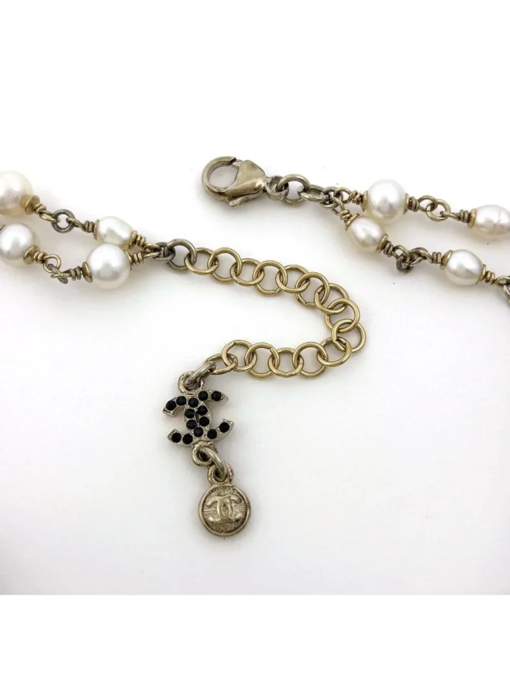 Chanel Necklace CC Logo Faux Pearl Rhinestone Gold